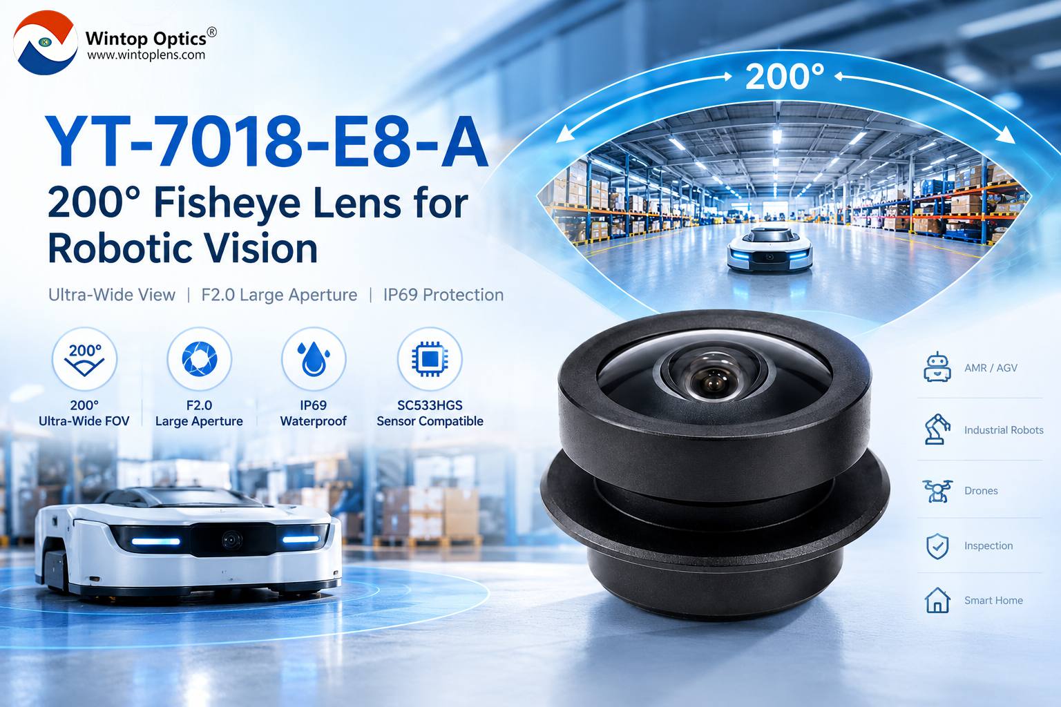 Wintop Optics bringt das YT-7018-E8-A 200° Fisheye-Objektiv für Robotervision auf den Markt.